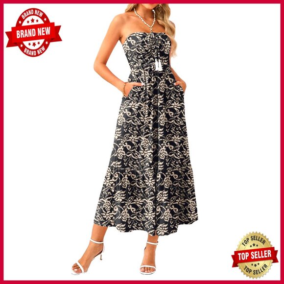 Dresses & Skirts - Strapless Floral Maxi Dress Boho Smocked Back Tiered A-Line with Pockets